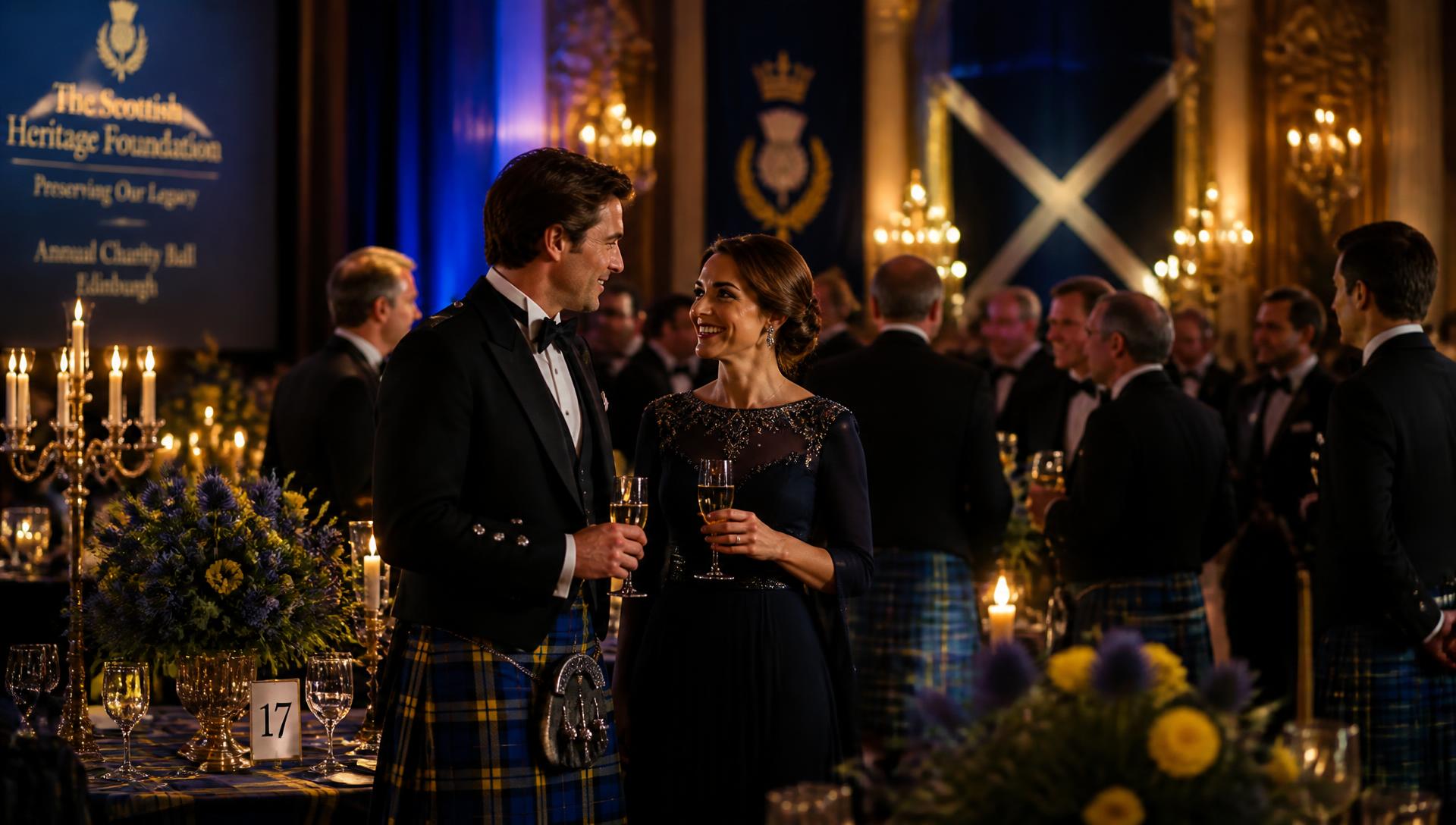 Guests in black tie and Highland dress at a candlelit Scottish charity ball